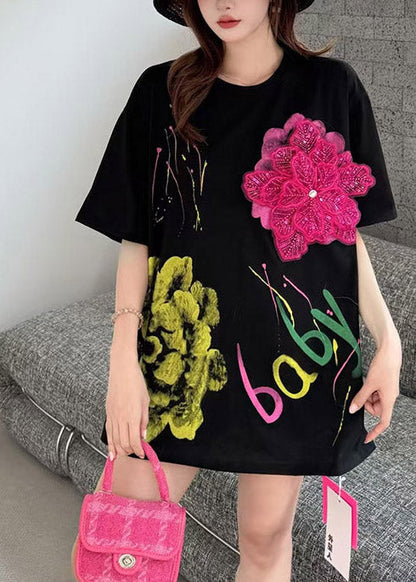 Florale schwarze Print Tanks Baumwolle verziert Sommer Graffiti