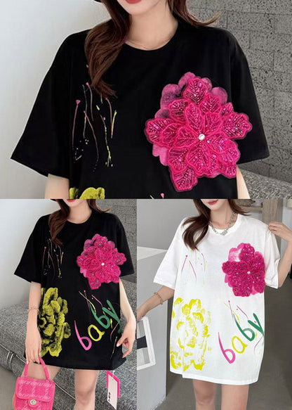 Florale schwarze Print Tanks Baumwolle verziert Sommer Graffiti