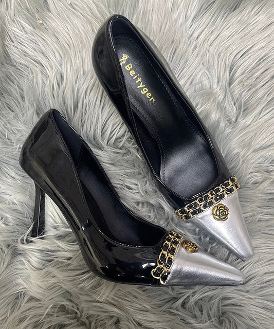 Chic Black Splicing Sheepskin Linked High Heels Sequined Stiletto