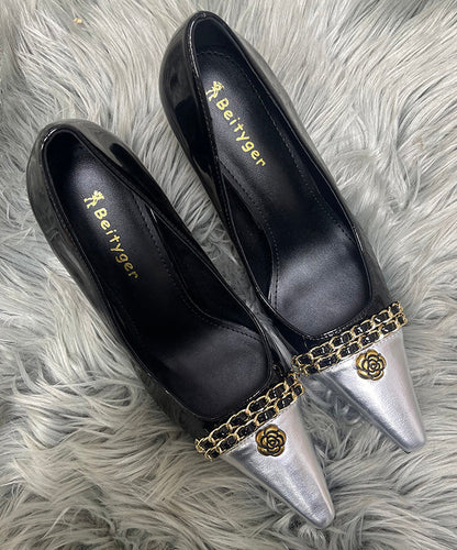 Chic Black Splicing Sheepskin Linked High Heels Sequined Stiletto