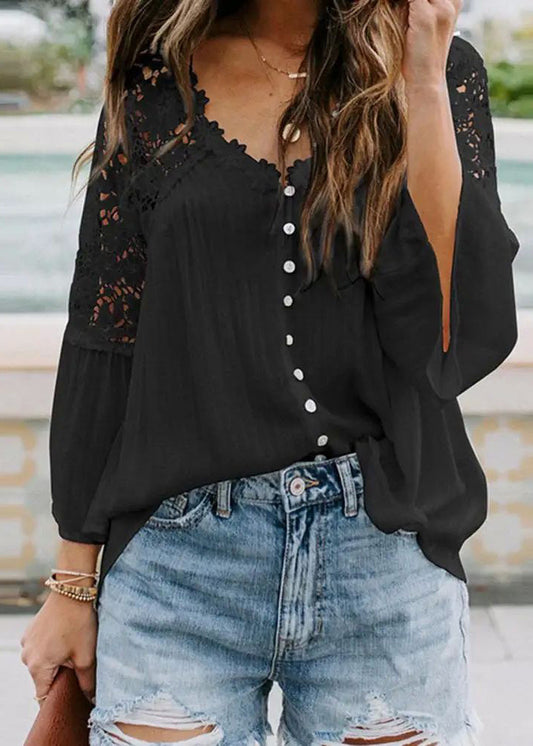 Hollow Solid Tops V Fall Neck Black Out