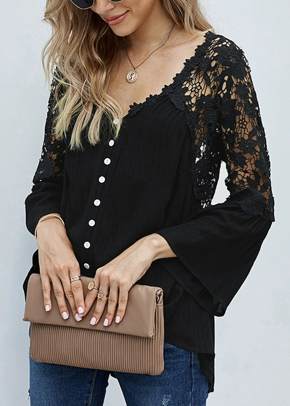 Hollow Solid Tops V Fall Neck Black Out