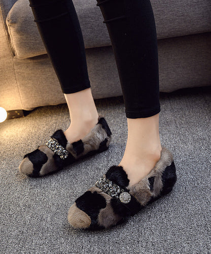 Chaussures plates en poils de vison noir kaki avec zircon TQ060