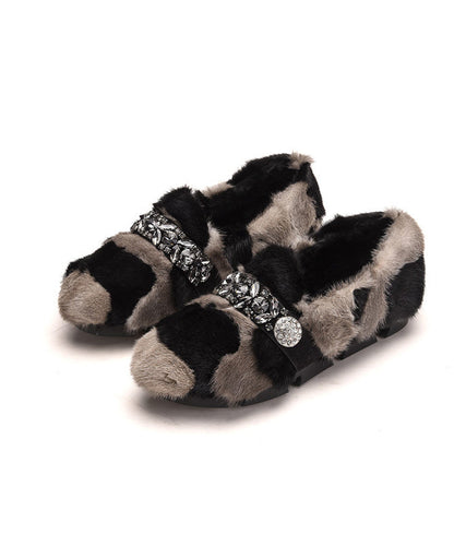 Chaussures plates en poils de vison noir kaki avec zircon TQ060