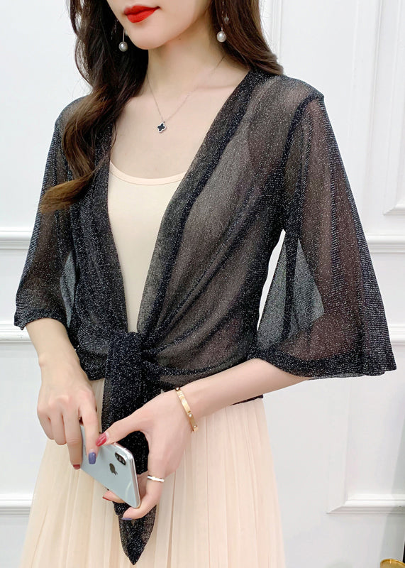 Black Lace Up Thin Tulle Cardigans V Neck Flare Sleeve Ada Fashion