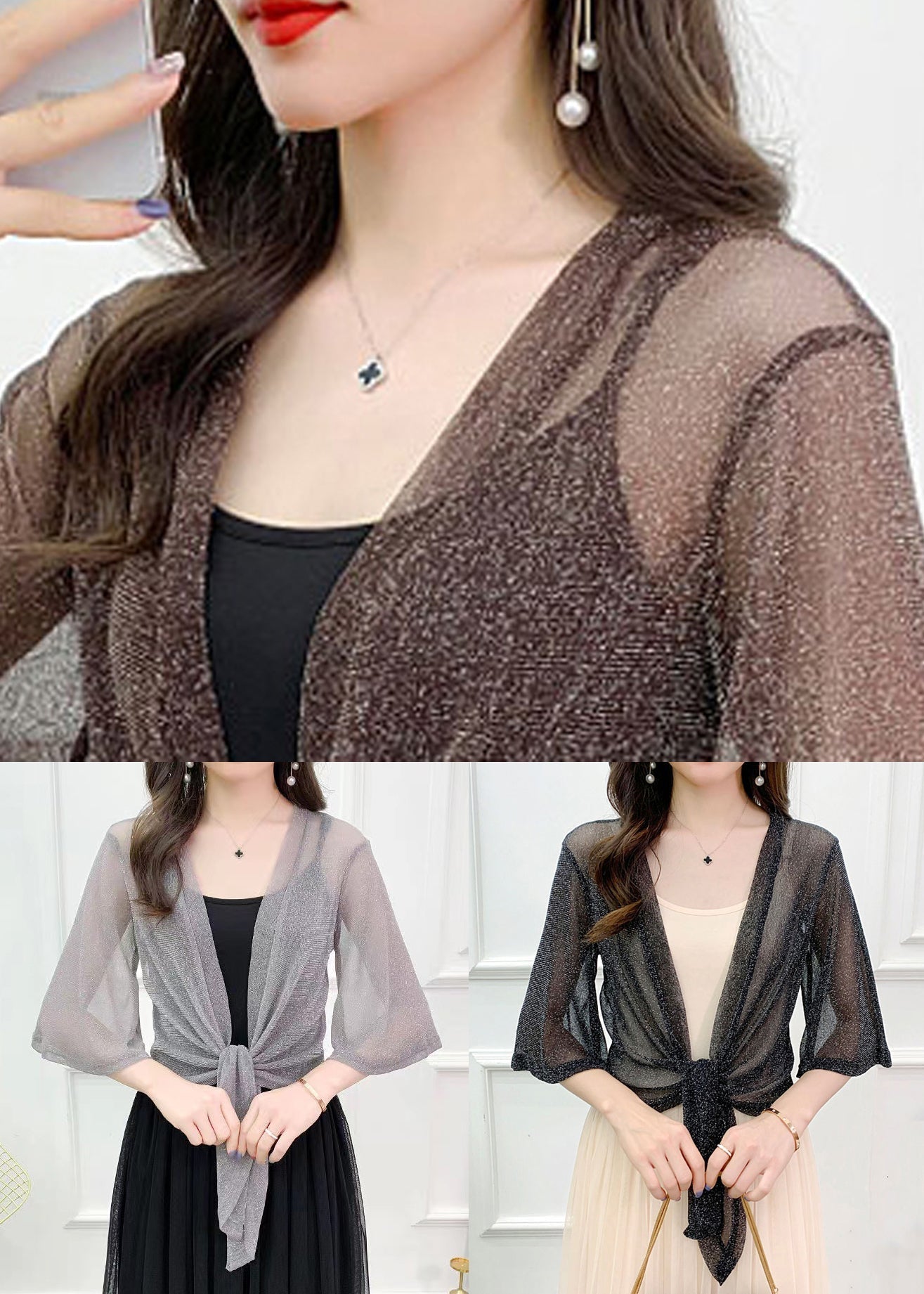 Black Lace Up Thin Tulle Cardigans V Neck Flare Sleeve Ada Fashion