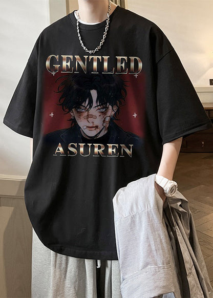 Buchstaben-Shirts Loose Neck Sommer T Schwarz O Herren Baumwolle Print