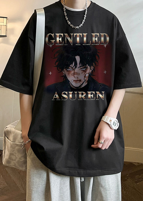 Buchstaben-Shirts Loose Neck Sommer T Schwarz O Herren Baumwolle Print