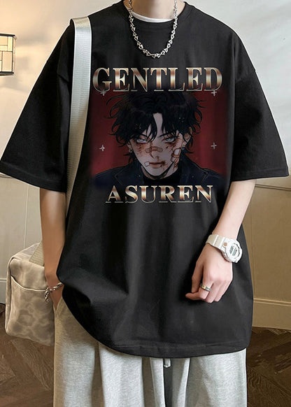 Buchstaben-Shirts Loose Neck Sommer T Schwarz O Herren Baumwolle Print