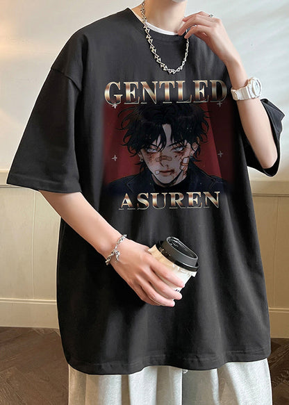 Buchstaben-Shirts Loose Neck Sommer T Schwarz O Herren Baumwolle Print