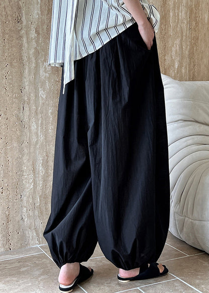 Pantalon en coton noir taille lanterne élastique été ample