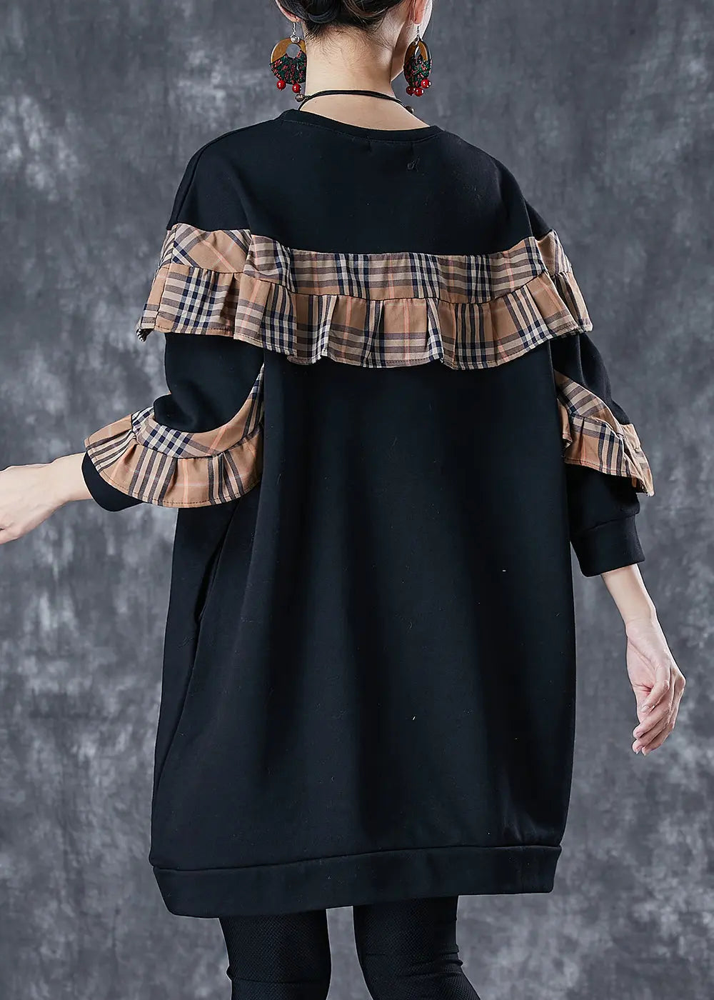 Black Loose Patchwork Cotton Sweatshirt Dress Ruffled Fall Ada Fashion