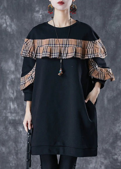 Black Loose Patchwork Cotton Sweatshirt Dress Ruffled Fall Ada Fashion