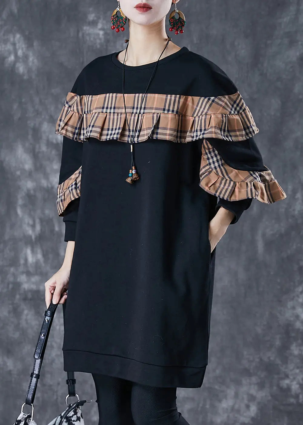 Black Loose Patchwork Cotton Sweatshirt Dress Ruffled Fall Ada Fashion