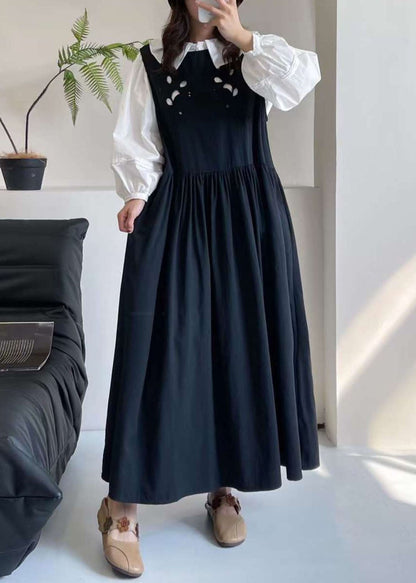 Robe longue noire à col rond et à plis en patchwork pour l'été BV026