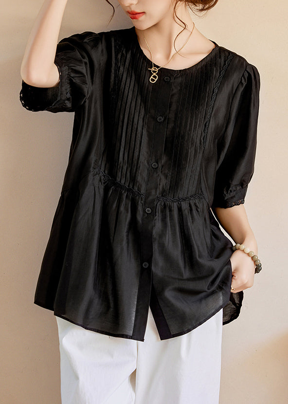 Black O-Neck Ruffled Wrinkled Silk Tops Short Sleeve WW049