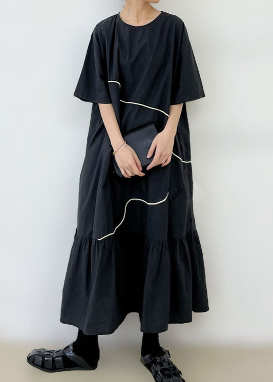 Black O-Neck Wrinkled Long Dress Summer GH1048