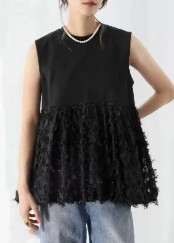Line Black Cotton Sleeveless Tops A Patchwork Tasseled