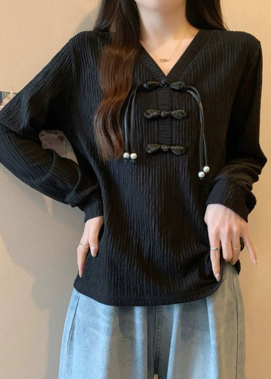 Black Patchwork Cotton Shirt Top V Neck Tassel Fall QA038