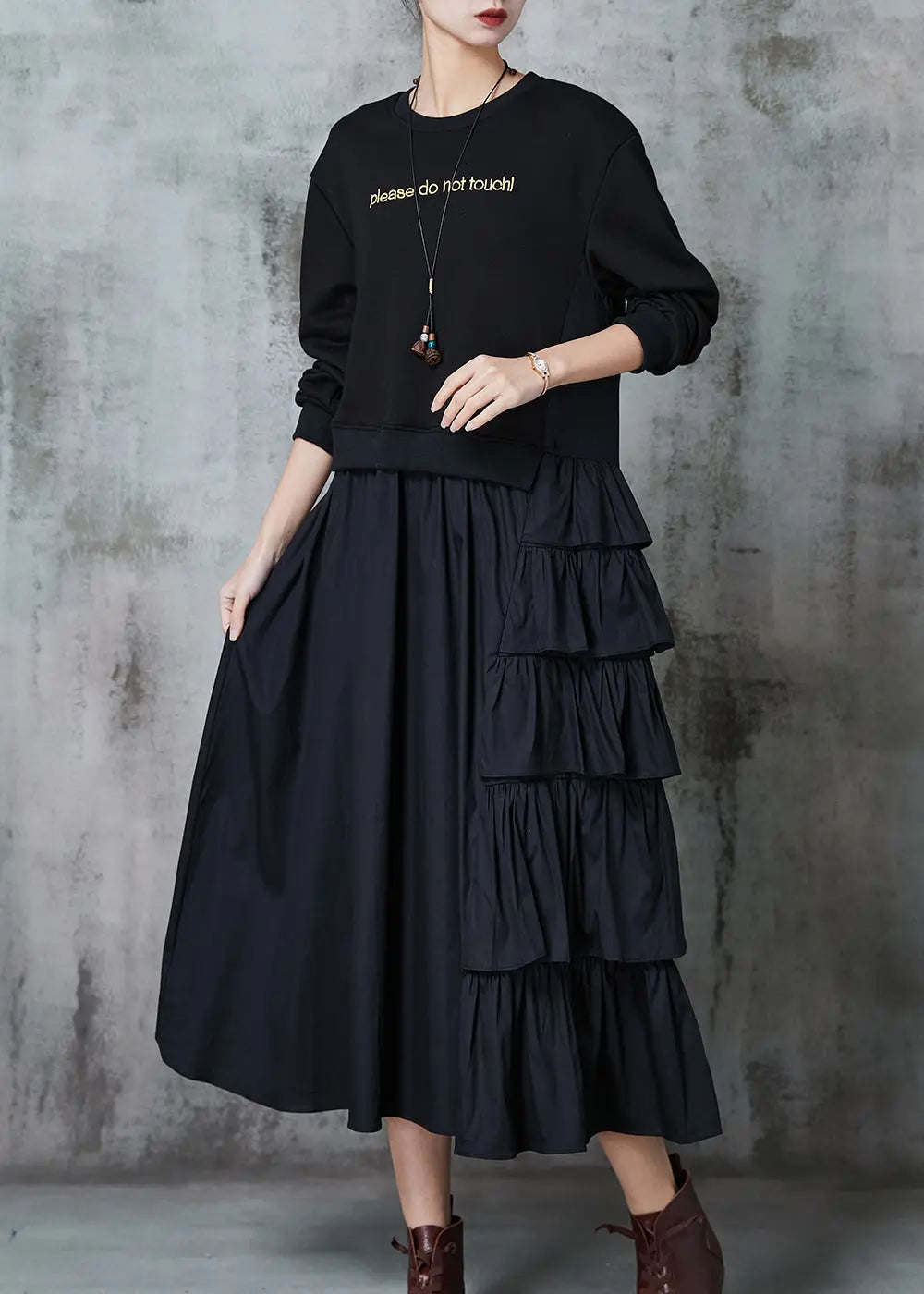 Black Patchwork Cotton Sweatshirt Dress Layered Ruffled Spring Ada Fashion