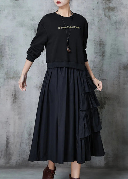 Black Patchwork Cotton Sweatshirt Dress Layered Ruffled Spring Ada Fashion