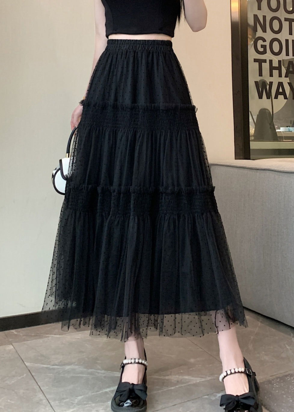 Black Patchwork Italian Tulle Skirt Ruffled Elastic Waist Spring QQ1059