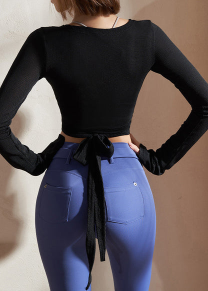 Patchwork Solide Yoga Shirts Schwarz Taille Krawatte