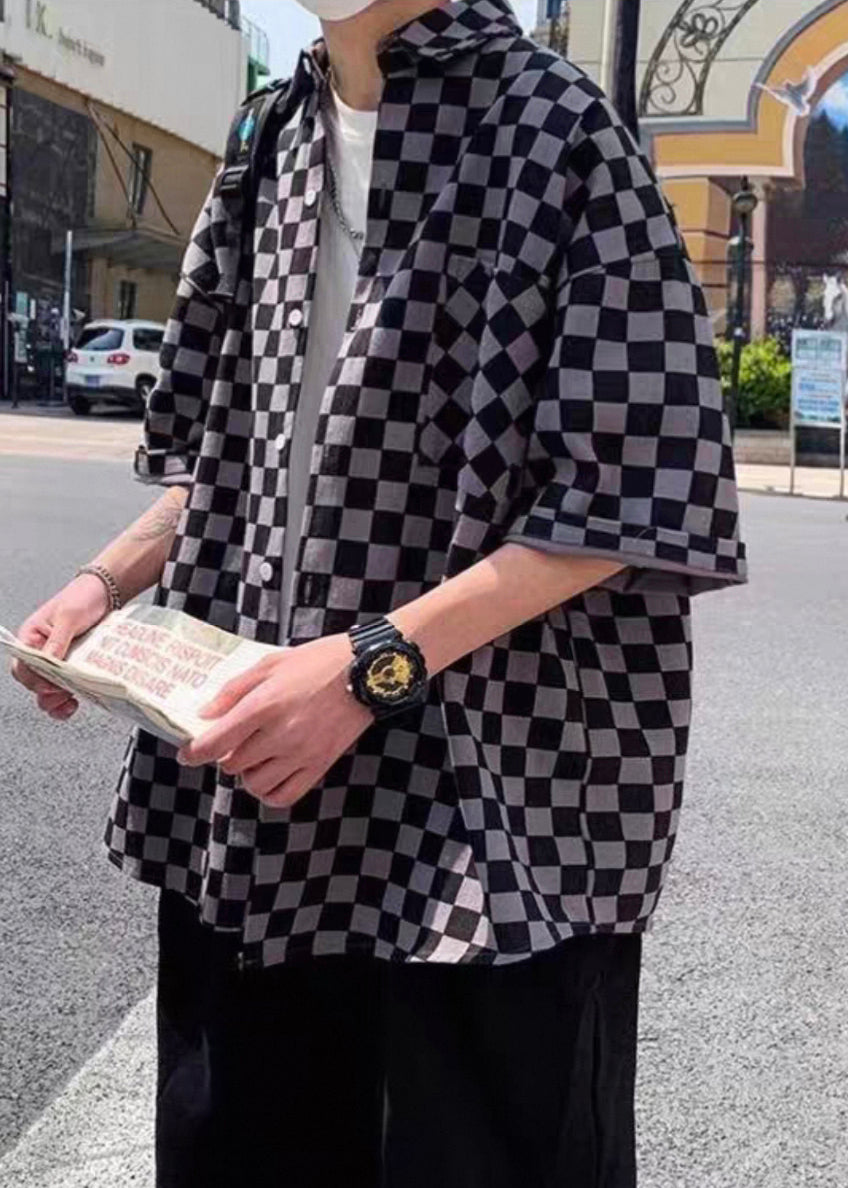 Half Plaid Men Peter Cotton Button Black Collar Shirts Pan Sleeve