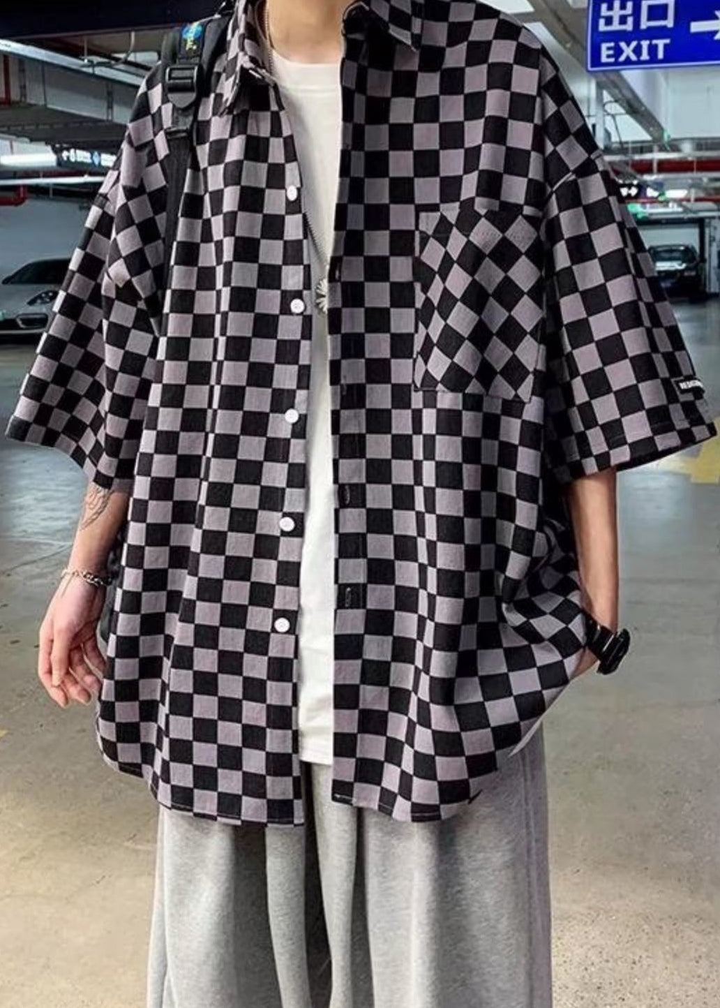 Half Plaid Men Peter Cotton Button Black Collar Shirts Pan Sleeve