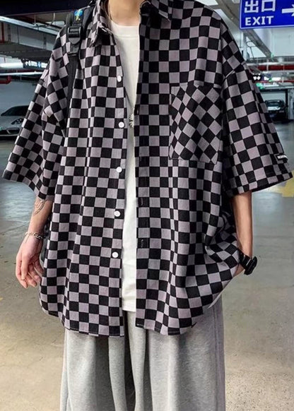 Half Plaid Men Peter Cotton Button Black Collar Shirts Pan Sleeve