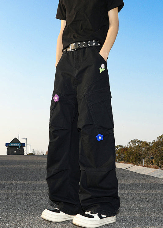 Pantalon taille haute en coton avec poches pour homme, noir, été