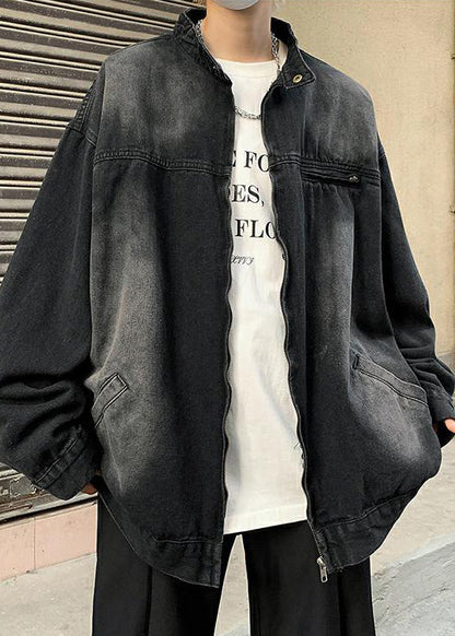 Taschen Stehen Herbst Mäntel Schwarz Herren Kragen Denim