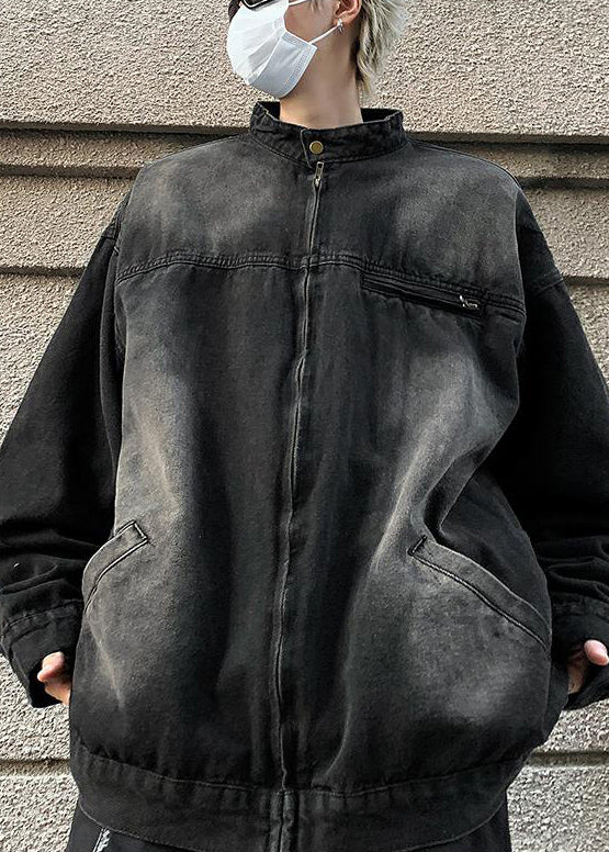 Taschen Stehen Herbst Mäntel Schwarz Herren Kragen Denim