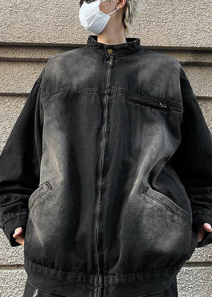 Taschen Stehen Herbst Mäntel Schwarz Herren Kragen Denim