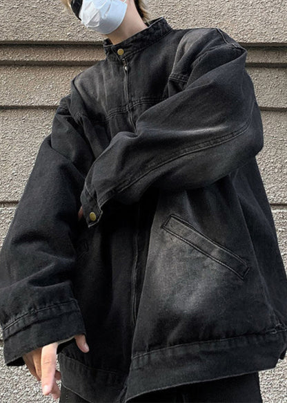 Taschen Stehen Herbst Mäntel Schwarz Herren Kragen Denim