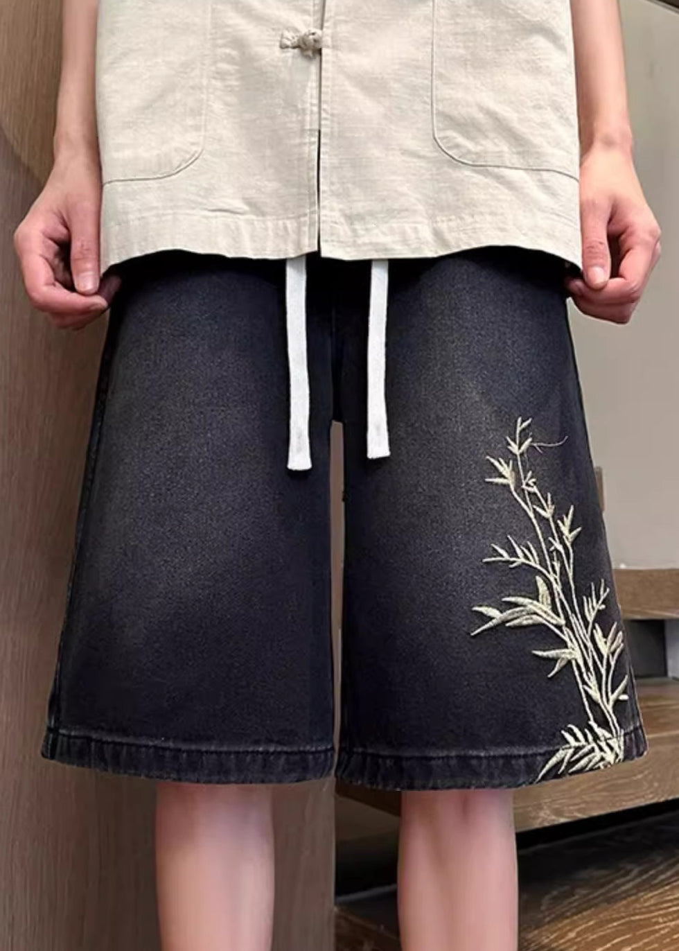 Short d'été en denim noir avec poches élastiques et broderies pour homme