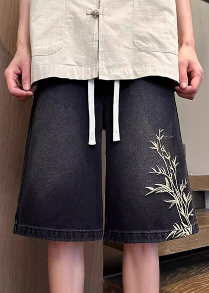 Short d'été en denim noir avec poches élastiques et broderies pour homme