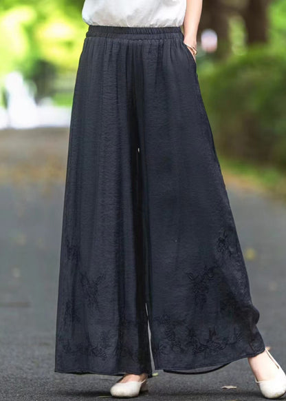 Pantalon d'été noir élastique à poches en soie et taille brodée