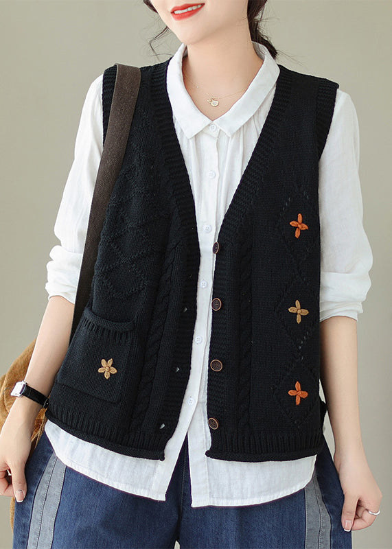 Black Pockets Knit Vest V Neck Button Sleeveless QA032