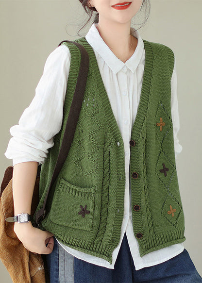 Gilet en tricot à poches noires, col en V, boutons, sans manches, QA032