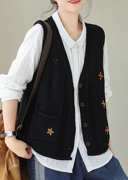 Gilet en tricot à poches noires, col en V, boutons, sans manches, QA032