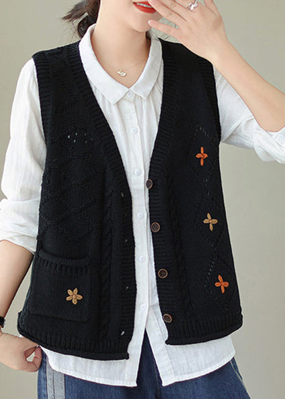 Gilet en tricot à poches noires, col en V, boutons, sans manches, QA032