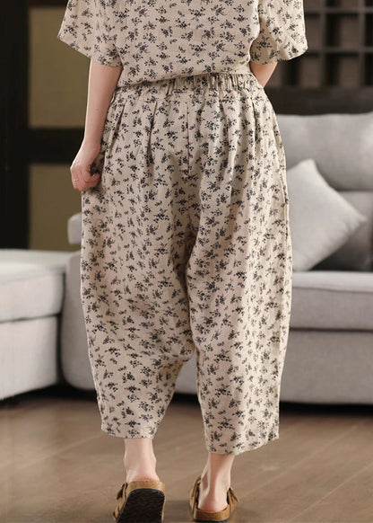 Hose Leinen Crop Taschen Elastisch Sommer Schwarz Taille