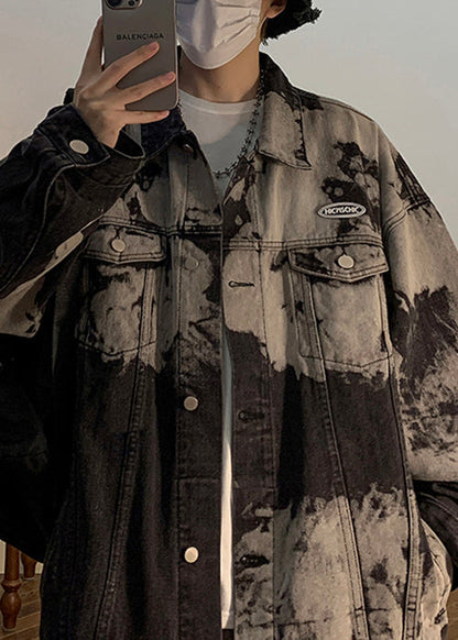 Denim Kragen Lose Männer Pan Peter Schwarz Mantel Taschen