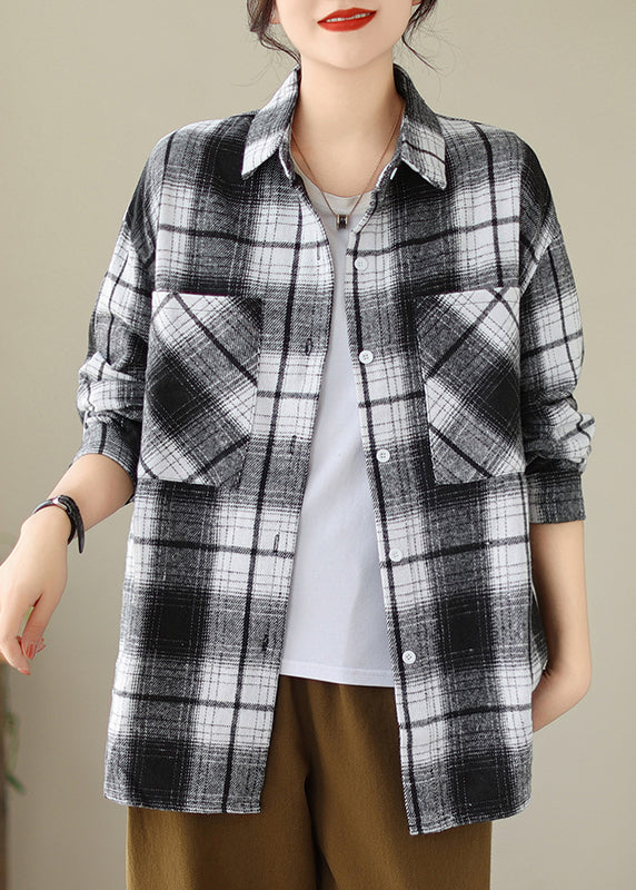 Black Pockets Plaid Casual Cotton Shirts Coat Peter Pan Collar Fall QO049