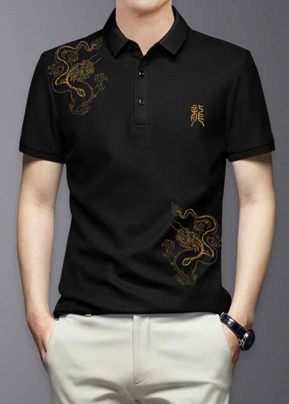 Schwarz Button Baumwolle Shirt Polo Print Sommer Männer Fit Slim