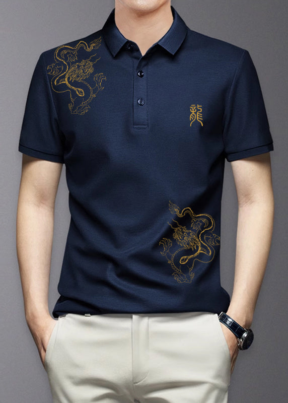 Schwarz Button Baumwolle Shirt Polo Print Sommer Männer Fit Slim