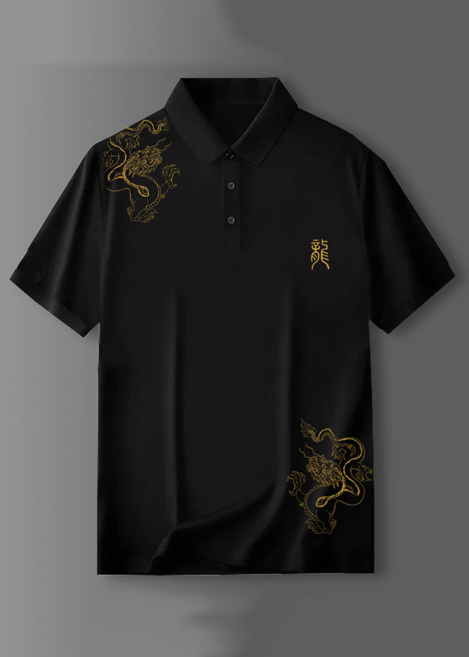 Schwarz Button Baumwolle Shirt Polo Print Sommer Männer Fit Slim