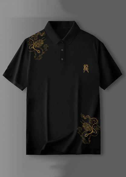 Schwarz Button Baumwolle Shirt Polo Print Sommer Männer Fit Slim