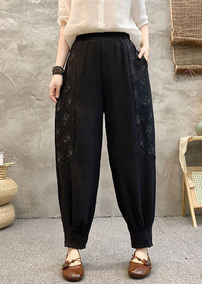 Pantalon sarouel d'été en coton à poches imprimées noires taille haute AU1048